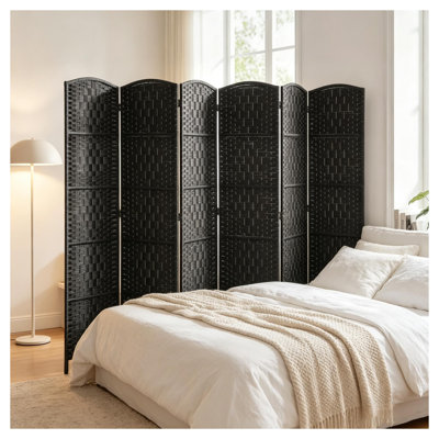 6-Panel Folding Wicker Room Divider with Arched Top, Freestanding Wood Privacy Screen for Living Room and Bedroom