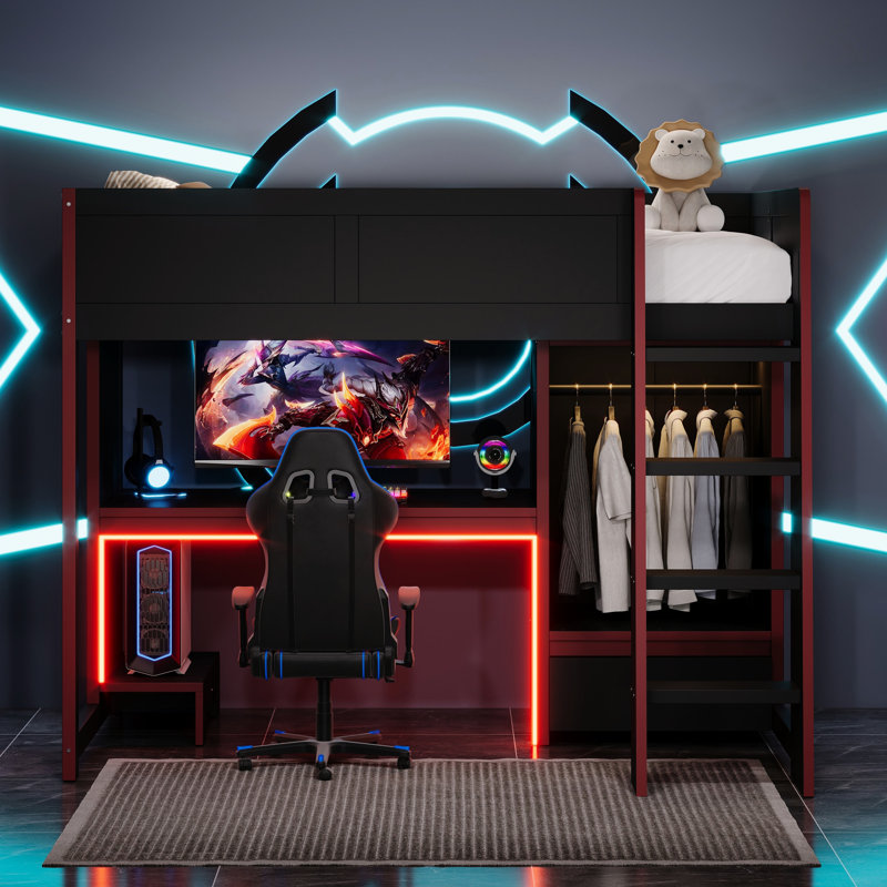 Lit mezzanine simple pour jouer en bois noir avec bureau intégré, garde-robe, lampe à DEL et tiroir - Conception sécuritaire et sécuritaire