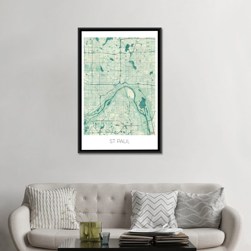 «St. Paul Vintage Blue Watercolor Urban Blueprint Map» par Hubert Roguski - reproduction d'art sur toile tendue, Pas de tapis