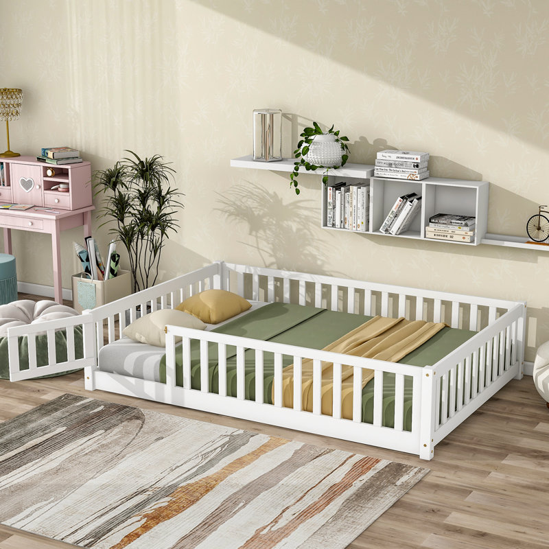 Floor Platform Bed With Fence Guardrails And Door, Full, White