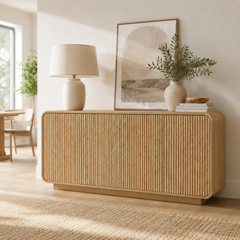 Buffet moderne cannelé à coins arrondis, dosseret de rangement à 4 portes, Bois