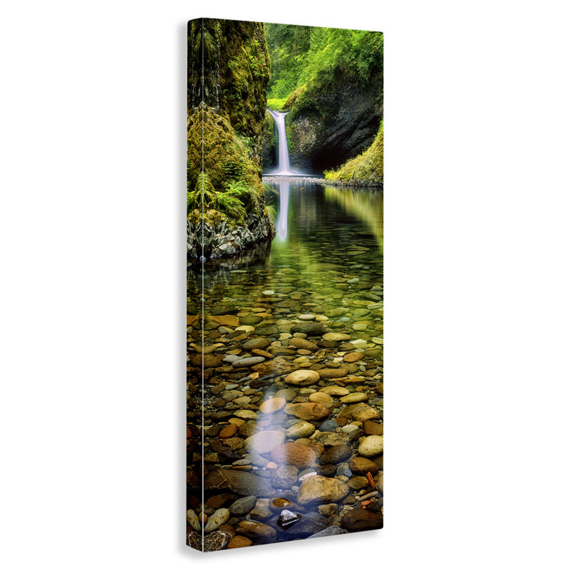 Clear Stream Waterfall Green and Brown Canvas Landscape Print