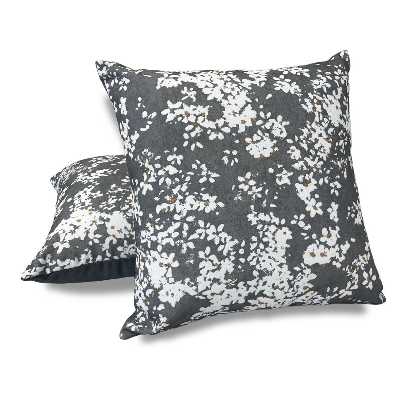 Steel Gray Floral Polyester Square Throw Pillow Set