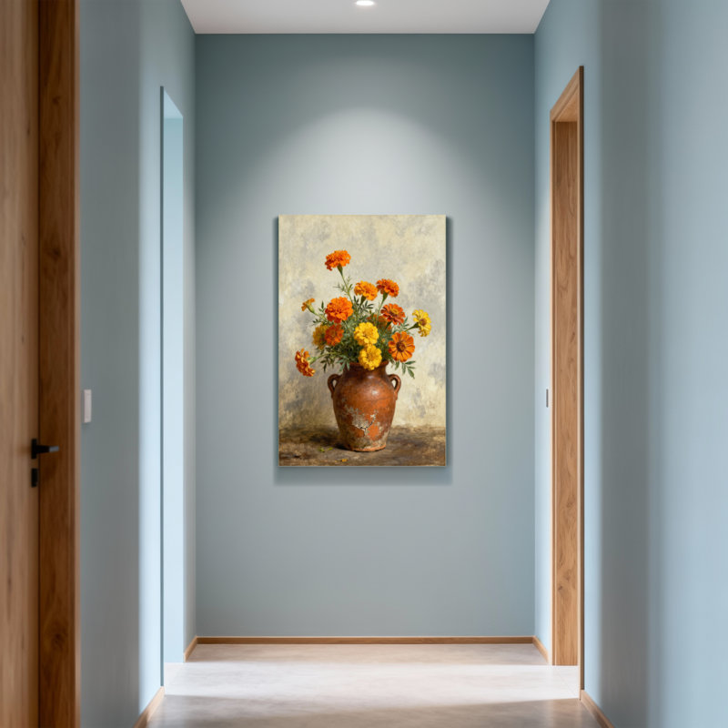Arrangement floral de plantes et de fleurs dans un vase rustique avec des soucis, H 20 po x l 30 po