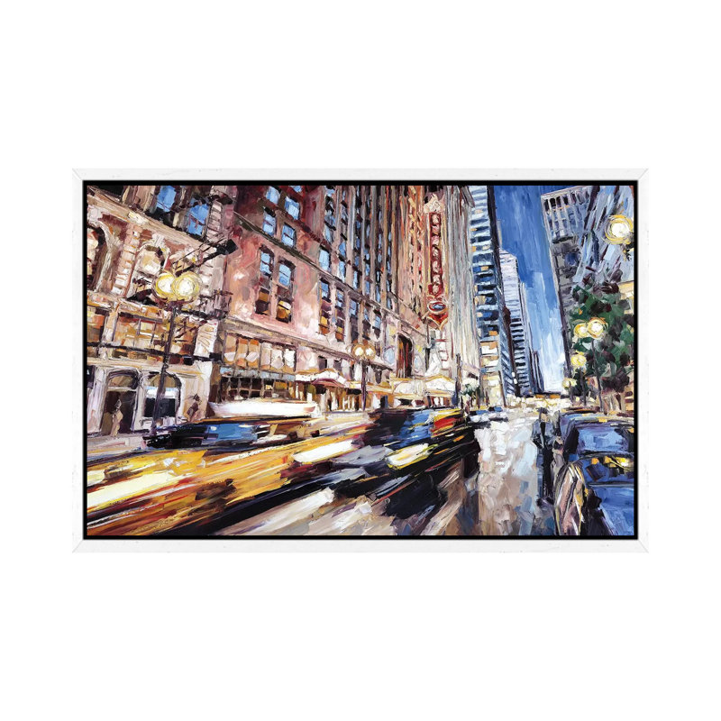 Randolph Street by Roger Disney - Painting on Canvas, 45.72cm H x 66.04cm W x 3.81cm D, White Framed