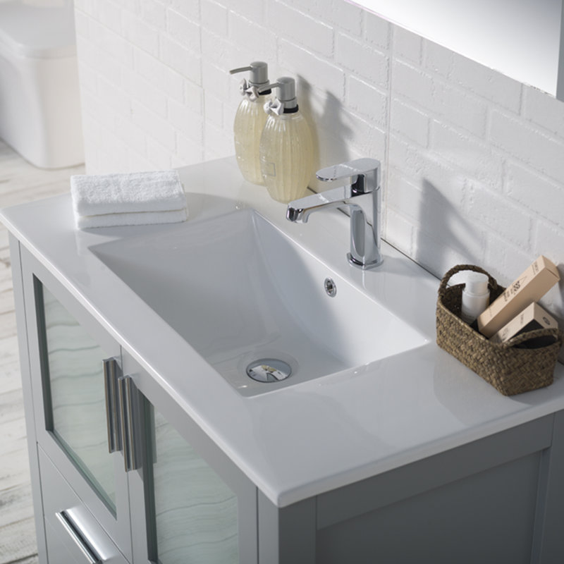 Meuble-lavabo en bois massif avec lavabo en céramique 36 po Blossom | Meuble-lavabo sur pied à simple cuve | Tiroirs à fermeture en douceur et portes en verre trempé