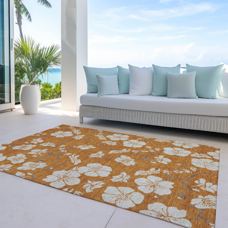 Paprika Floral Synthetic Washable Non-slip Rectangular Rug