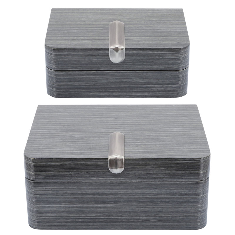 Set of Two Gray Wood Boxes with Metal Clasp and Fabric Interior