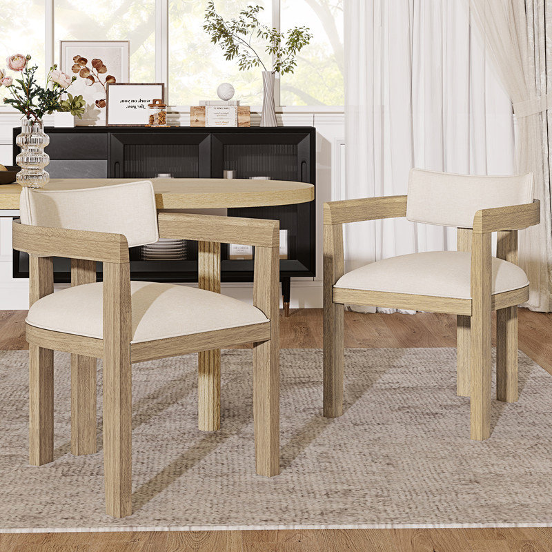 Tufted Linen Upholstered Armchair, Natural, Natural Wood