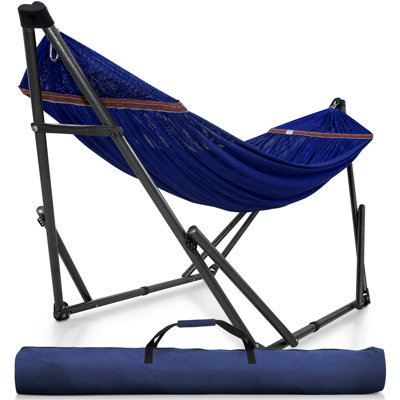 Hamac et support de camping Tranquillo, hamac pliable d'une capacité de 600 lb pour 2 personnes, support multifonctionnel haut de gamme sans bruit et sans vis, bleu