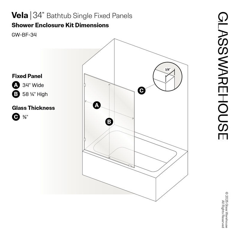 Vela 34 in. x 58.25 in. Frameless Single Fixed Bath Panel, Satin Brass