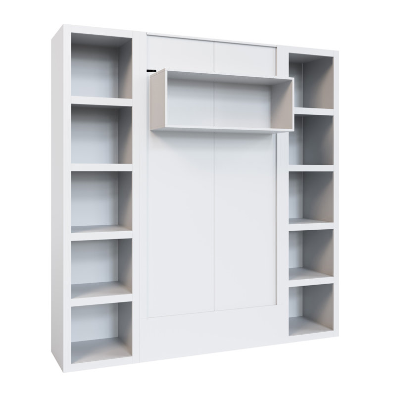 Lit escamotable Easy-Lift en grain de bois avec deux étagères, Lit simple, Blanc