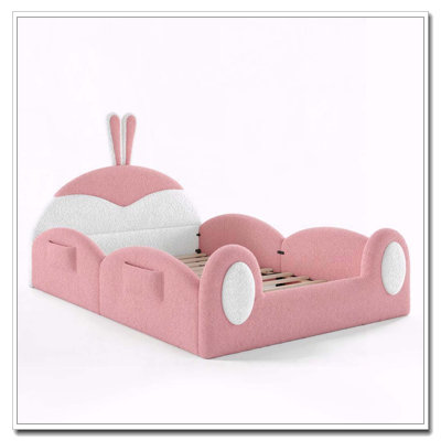 Upholstered Floor Bed Cute Rabbit Headboard Toddler Bed Frame with Side Storage Pockets Low Profile Kids Platform Bed for Bedroom