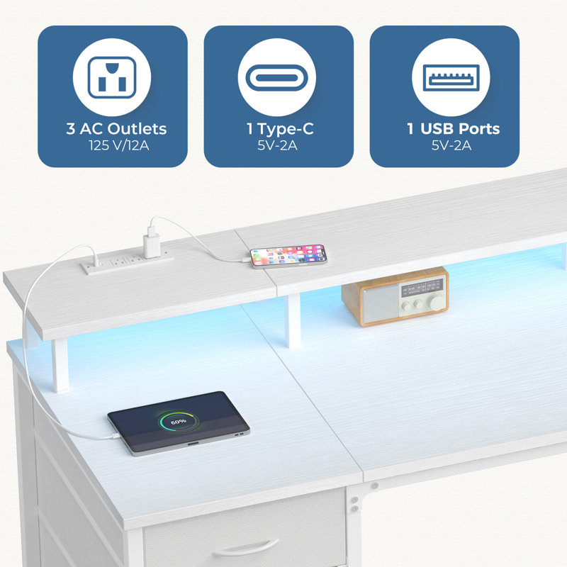 Bureau fixe 40 po blanc, 4 tiroirs + tablette de rangement avec lumière DEL et multiprise, Blanc, 34" H x 40" W x 19.7" D