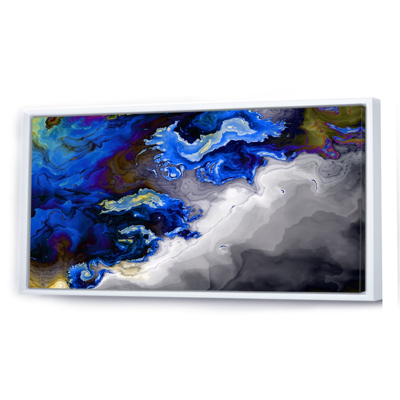 Encre fractale bleue et grise - peinture sur toile, H 8 po x l 12 po x P 1 po, Cadre blanc