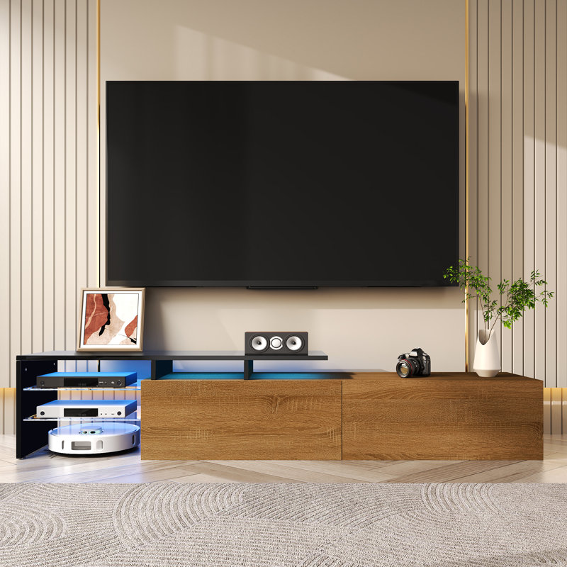 Meuble télé Kashton ultra-brillant avec tablettes en verre et éclairage DEL, Naturel/noir