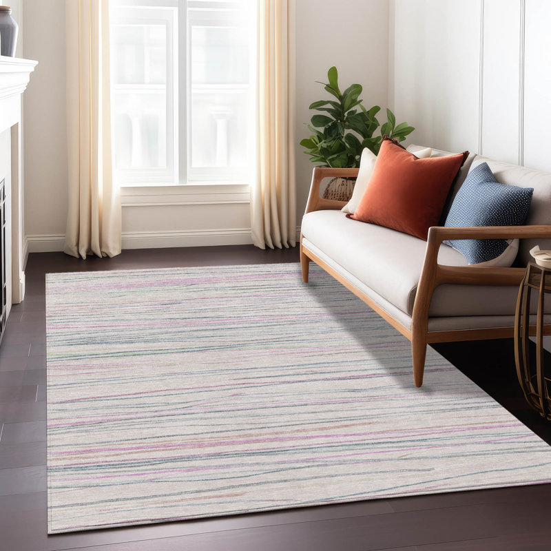 Pink and Gray Striped Synthetic Washable Rug 3' x 5'