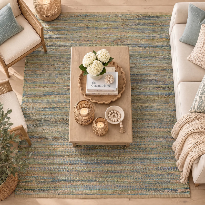 Modern Farmhouse Handmade Natural Fiber Jute Indoor Area Rug with Cotton Backing, Blue/Tan/Navy/Green, Rectangle 7'9" x 9'9"