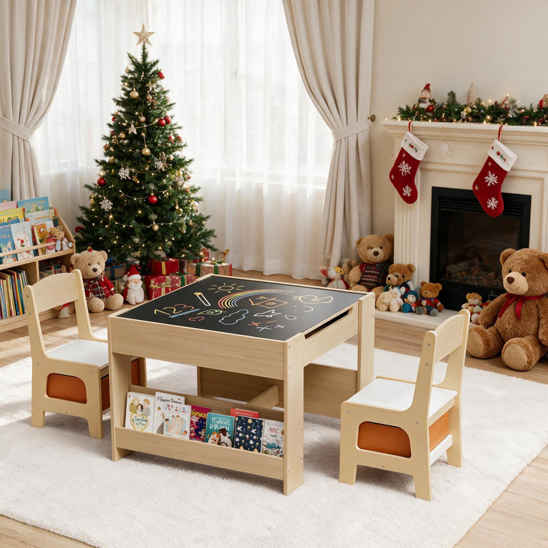 Kids Table And Chairs Set, 4 In 1 Toddler Art Desk With Storage Drawer, Wooden Activity Deskboard, Blackboard, Reversible & Detachable Tabletop, Bookshelf For Drawing, Playing, Learning(beige)