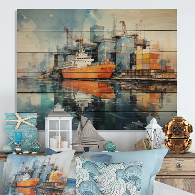 Port Industrial Reflections Print on Natural Wood