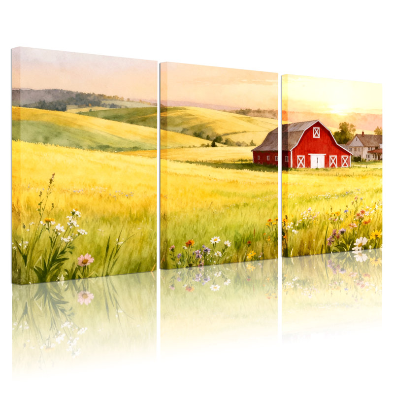 Paysage et nature champ de ferme avec grange rouge et fleurs sauvages, ensemble de 3 impressions sur toile, H 30 po x l 60 po