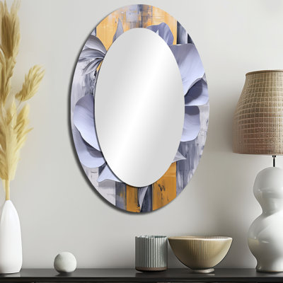 Lavender And Golden Balance Of Peonies Blossom I - Abstract Oval Decorative Mirror On Metal