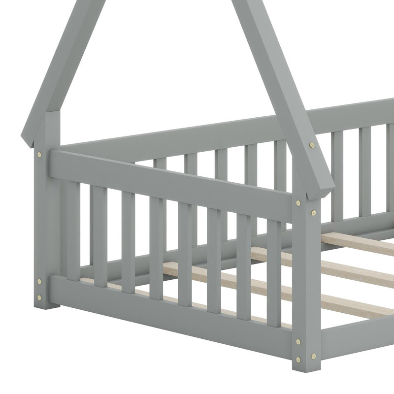 Playful  Floor Bed With Guardrails And Sturdy Slatted Base, Gray
