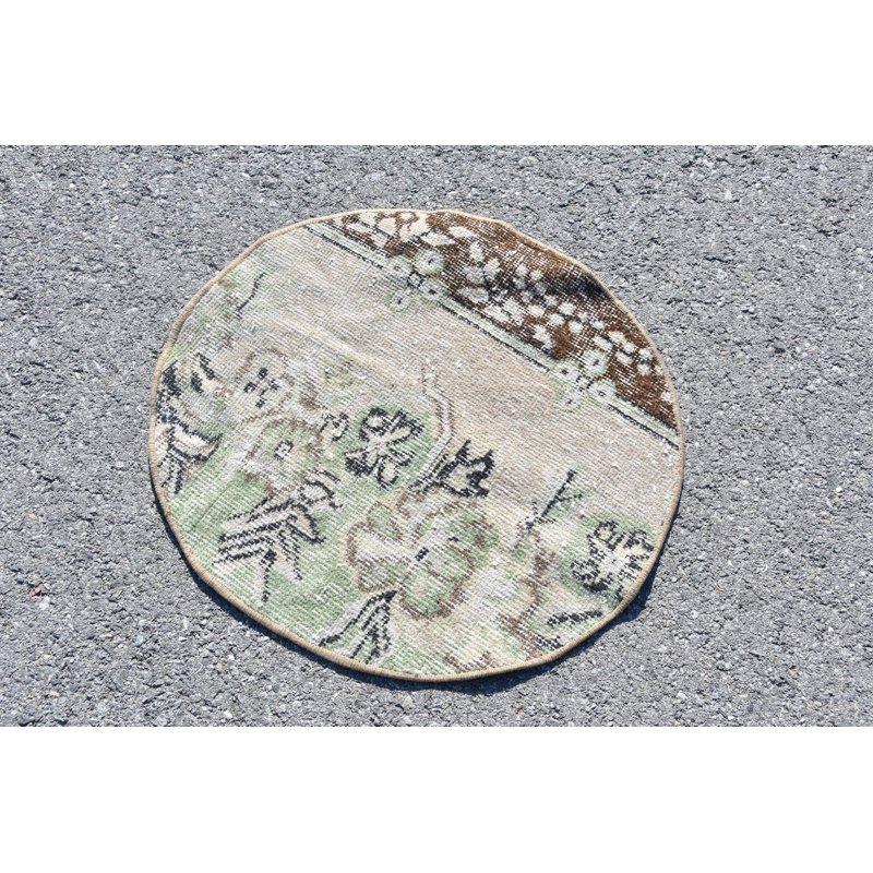 Vintage Oriental Round Rug with Soft Pastel Floral Pattern in Green Tones for Home Decor Brown/Green
