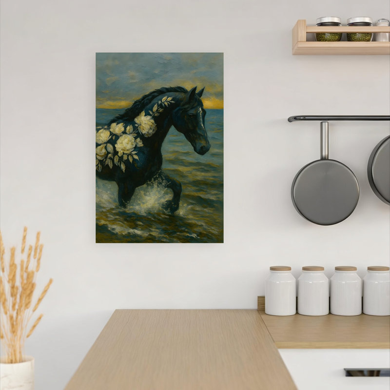 «Dark Rose Horse», art dramatique éthéré, cheval mystique, nature, océan, 18" H x 12" W