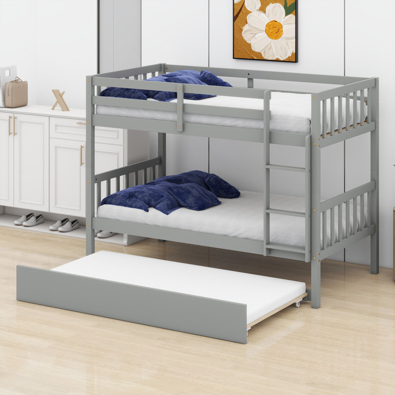 Space-Saving Bunk Bed Featuring Trundle, Ladder, And Full Safety Rails, Grey