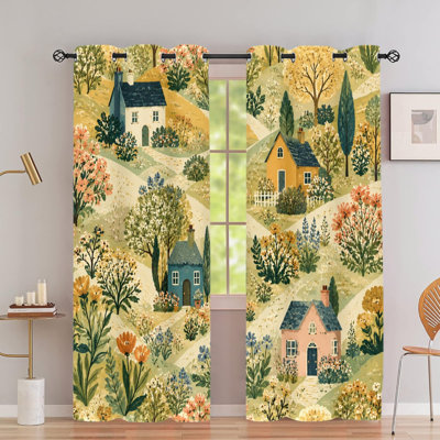 2Pcs Vintage Countryside Scene Blackout Curtains, Scenic Village House Print Room Darkening Thermal Drapes, Noise Reducing Complete Privacy Window Panels for Bedroom Living Room