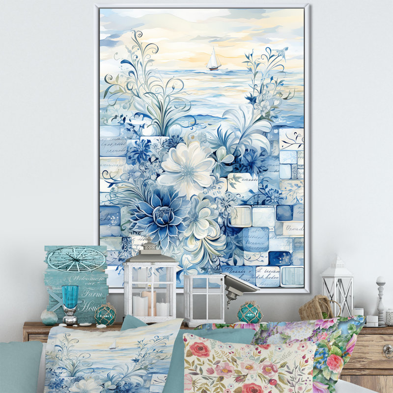 Carreaux botaniques blancs et bleus I - Botanicals Wall Art, Cadre flottant blanc, H 32 po x l 16 po x P 1 po