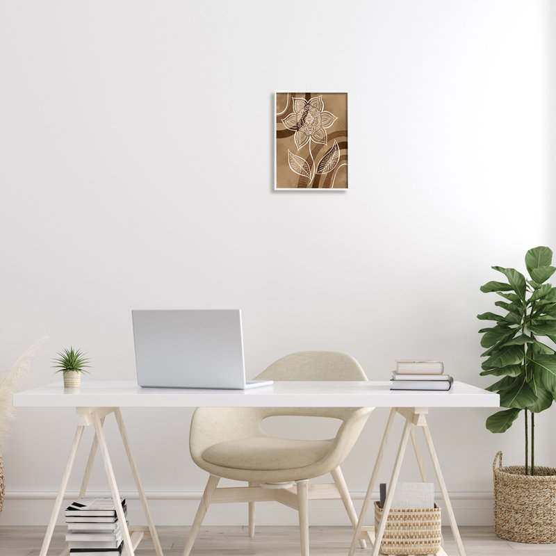 Fleur de mandala blanche à rayures brunes par Ziwei Li, L 16 po x H 20 po, Giclée encadrée noir minuit