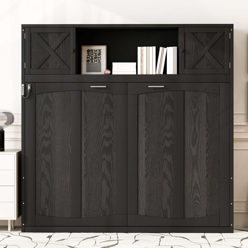 Grand lit escamotable avec armoires de rangement, Noir
