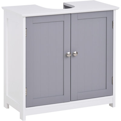 Salle de bain sous le lavabo, armoire avec cavité en forme de U. Blanc / gris Ajoute de l'espace de rangement supplémentaire. Tablette réglable. Structure. 23,5 po x 11,97 po x 23,5 po. Comprend une base de meuble-lavabo de 22 lb avec ouverture.