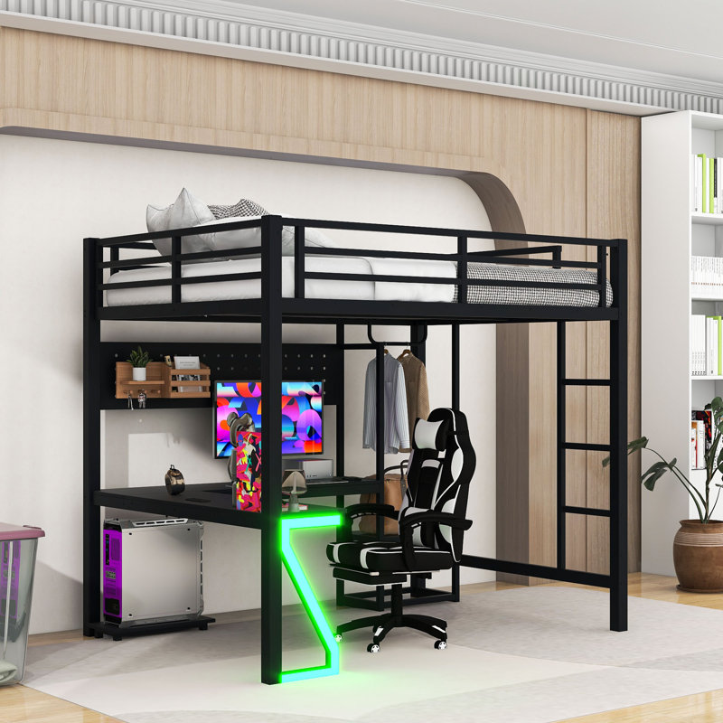 Lit mezzanine avec bureau, ports USB, plateau d'ordinateur, panneau perforé et lumières, Full