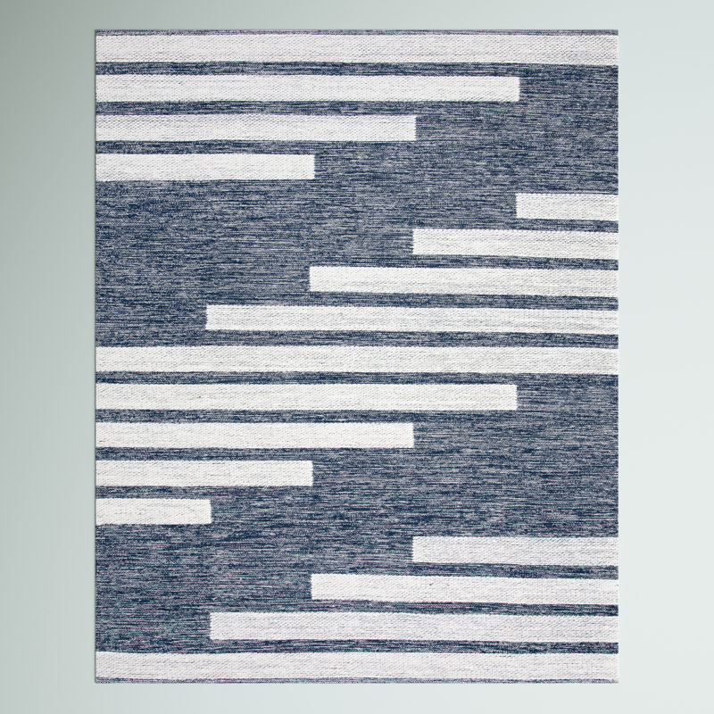 Alexio Striped Handwoven Wool/Cotton Navy Area Rug, Square 5'