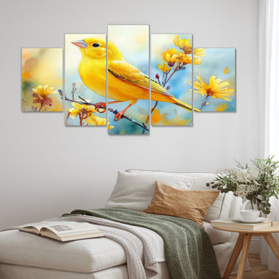 Oiseau pinson sur une tige de fleurs sauvages III - Art mural oiseau - ensemble d'art mural moderne