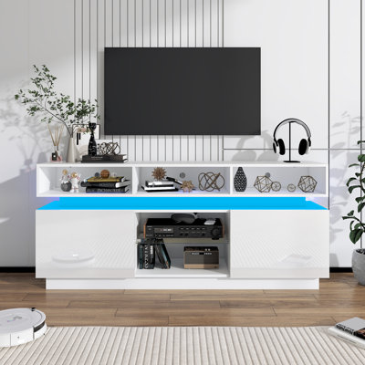 63 Inch High Gloss LED TV Stand with Power Outlets, Modern Tall Entertainment Center for TVs Up to 75 Inch, Gaming Media Console for Living Room