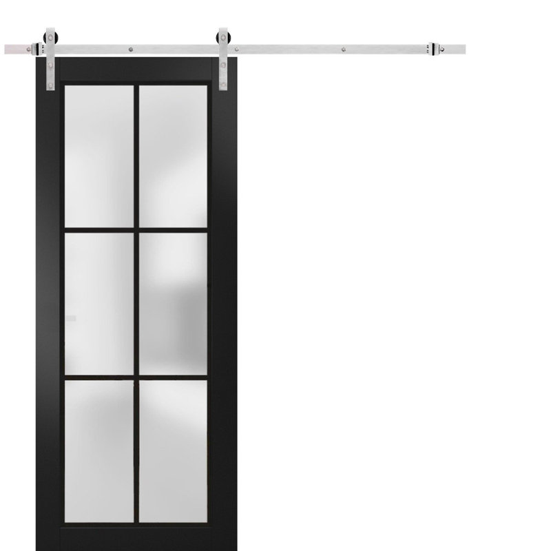 Porte de grange robuste en verre trempé givré | Planum 2122 | Ensemble de quincaillerie lourde pour cintres 6,6 pi argenté | Portes intérieures modernes à panneau massif - Rail argenté