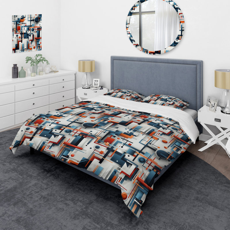 Ensemble de housse de couette Blue Industrial Matrix Geometric Reflections, Housse de couette pour très grand lit et 2 très