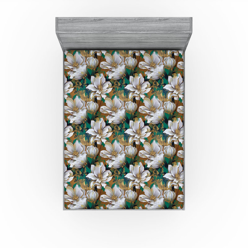 Drap-housse rustique Ambesonne, Drap-housse très grand californien, Ciel pâle, bleu, gingembre / floral