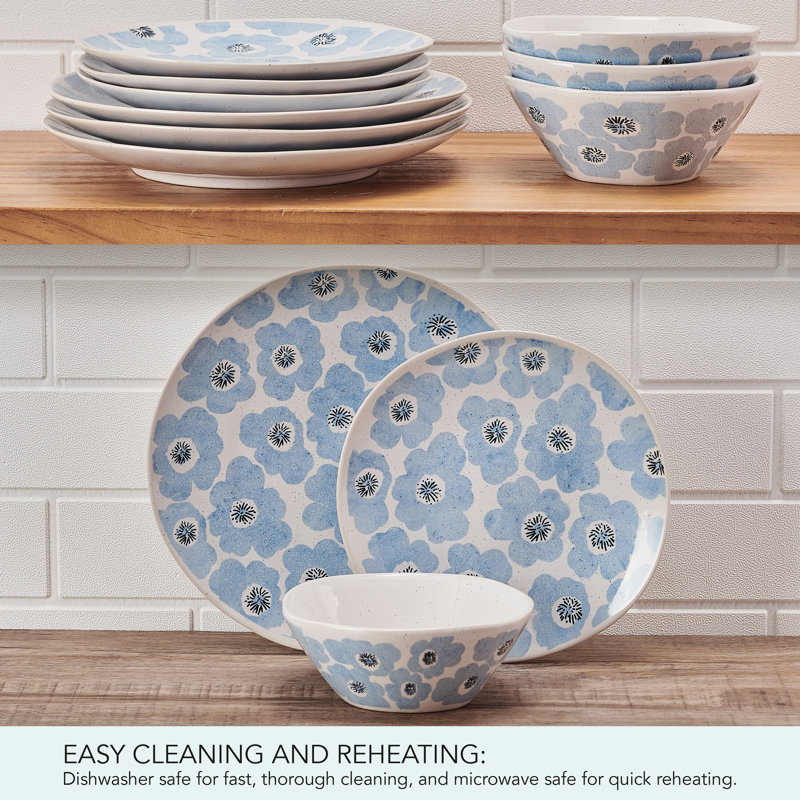 Radiant Floral Blue and Off-White Ceramic Dinnerware Set, Service for 4