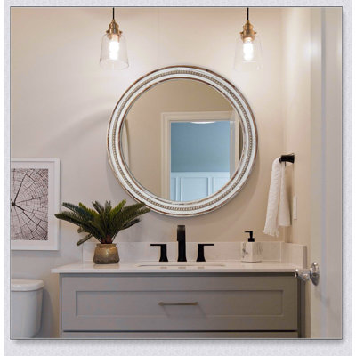 Miroir décoratif rond en bois 23,62 pouces de style rustique avec cadre perlé pour la maison et le bureau