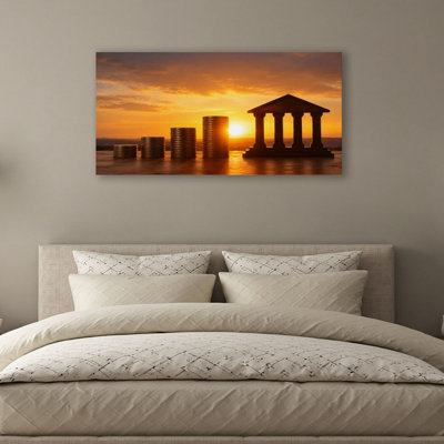 Canvas Wall Art Bank symbol coins stack banking system rising interest rates inflation Wall Decor for Living Room Bathroom Bedroom Office 20"H x 40"W Art Paintings, Ready to Hang