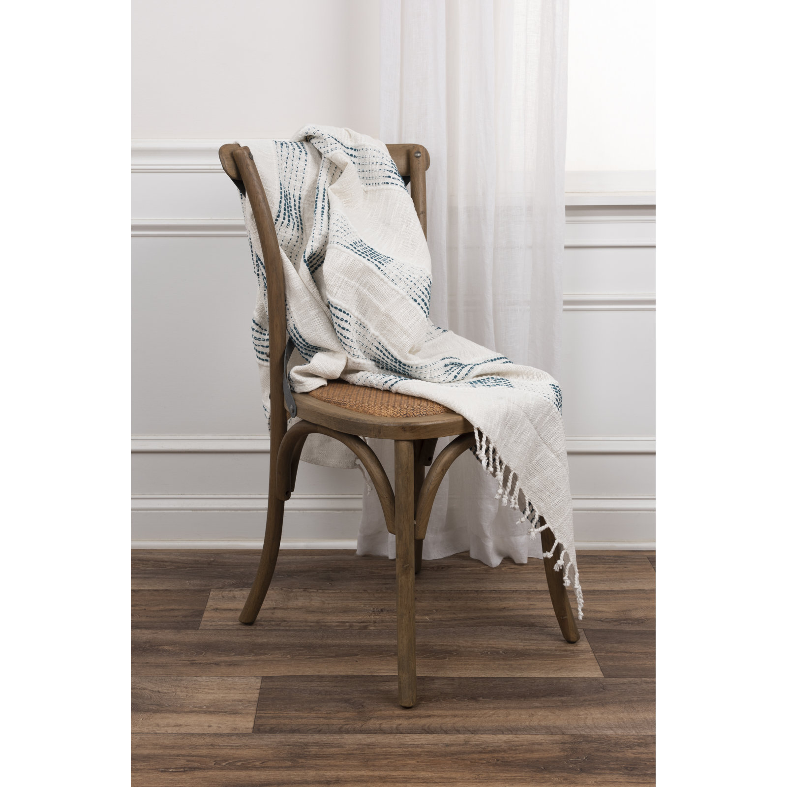Alora Cotton Hand Woven Throw Blanket, Teal/Natural