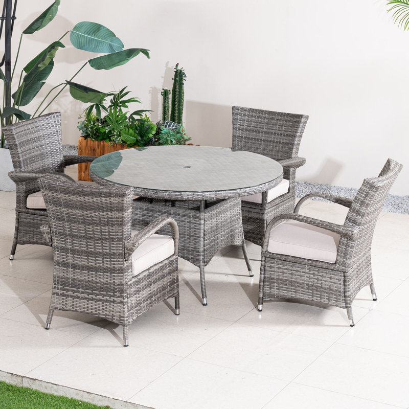 4 - Person Wicker Patio Dining Set with Round Table , Cushions Included, Gray
