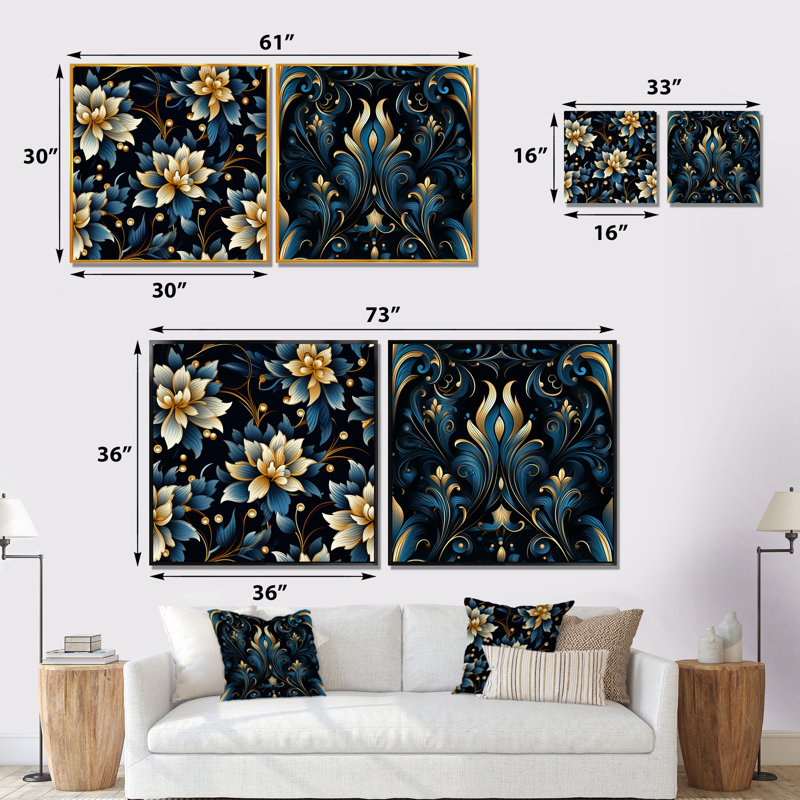 Frodsham - Ensemble de 2 décorations murales florales abstraites, Toile tendue, H 36 po x l 73 po x P 1,5 po