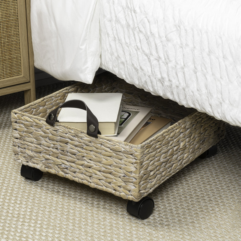 Adaline 18.11" Classic Farmhouse Handwoven Hyacinth Rectangular Underbed Storage Bin with Wheels and Handles, White Wash