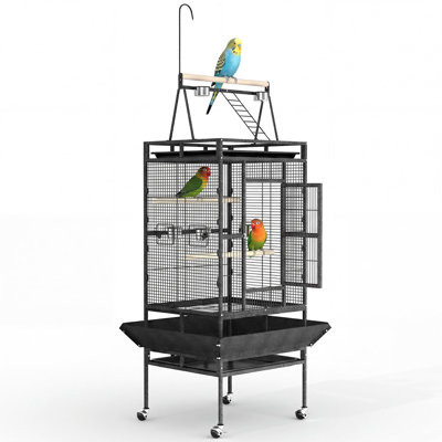 82" Parrot Cage – Play Top – Heavy Duty Wrought Iron Aviary with Play Top, Spacious Interior, Rope Perch, Removable Easy-Clean Tray, Secure Lock, Rolling Stand – Ideal